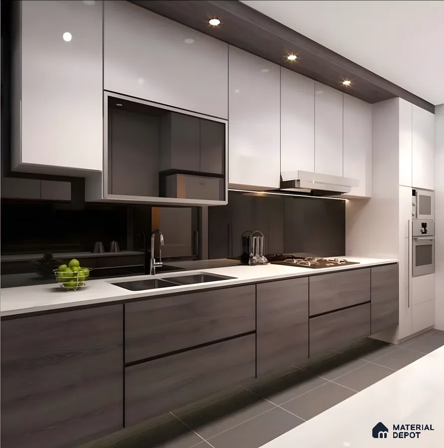 Sleek Two-Tone Kitchen With White Gloss & Dark Woodgrain Cabinets | Material Depot