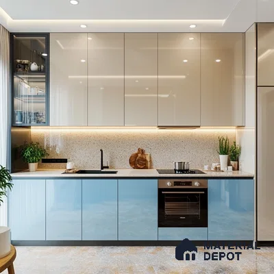 Sleek Two-Tone Kitchen with Blue and Beige Cabinets | Material Depot
