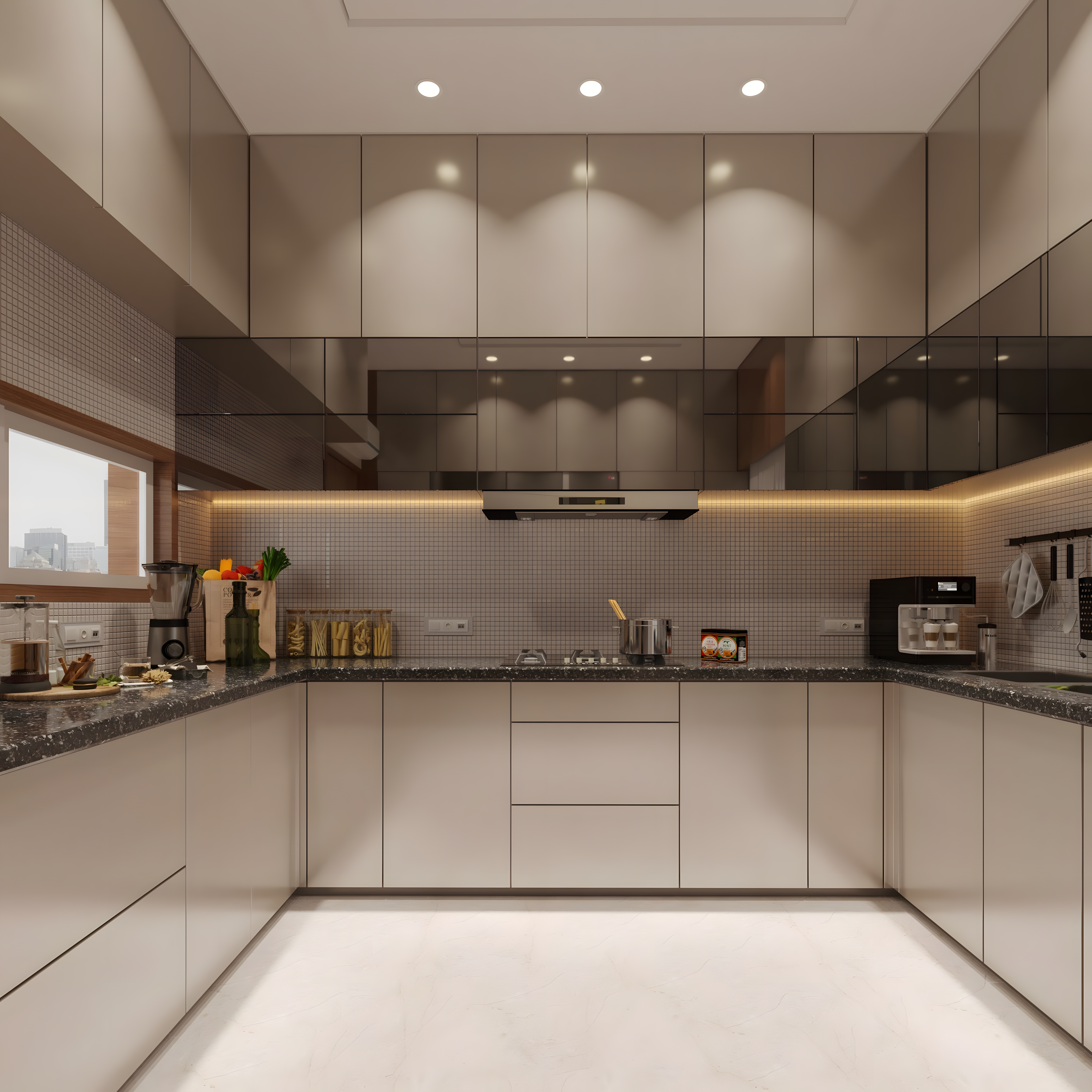 Sleek U-Shaped Glossy Modular Kitchen With Ambient Lighting | Material Depot