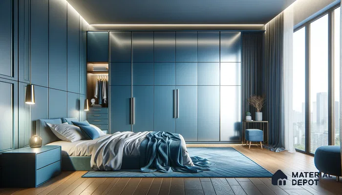 Sleek Urban Bedroom with Bold Blue Tones and Contemporary Design | Material Depot