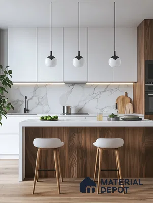 Sleek Urban Kitchen Design with Modern White Pendant Lighting and Rich Wooden Textures | Material Depot
