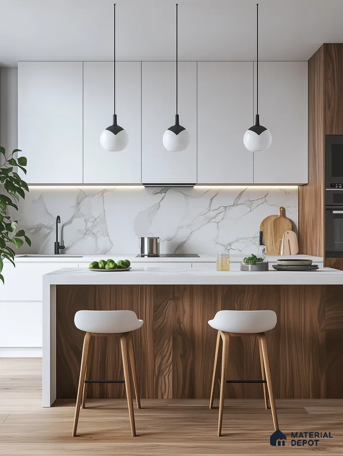 Sleek Urban Kitchen Design with Modern White Pendant Lighting and Rich Wooden Textures | Material Depot
