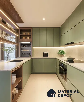 Sleek Urban Kitchen with Green Cabinetry and Wood Highlights | Material Depot