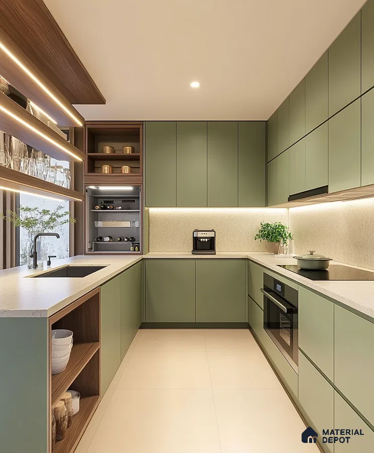 Sleek Urban Kitchen with Green Cabinetry and Wood Highlights | Material Depot
