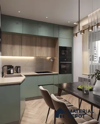Sleek Urban Kitchen With Sage Green And Wood Accents | Material Depot