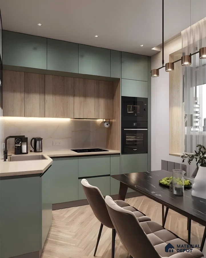 Sleek Urban Kitchen With Sage Green And Wood Accents | Material Depot