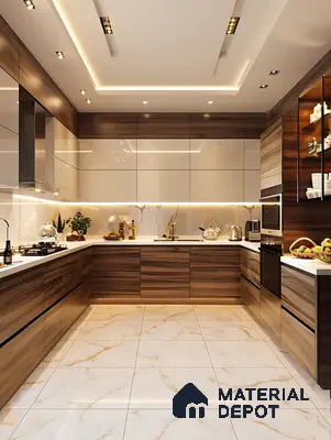 Sleek U-Shaped Kitchen with Warm Wooden Cabinets, Acrylic Wall Units & Stylish Gold-Vein Tiles | Material Depot