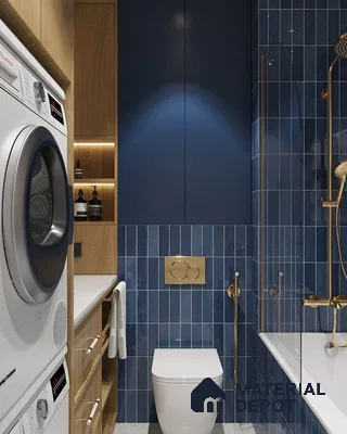 Sleek Utility: Navy Blue Bathroom with Integrated Laundry Space | Material Depot