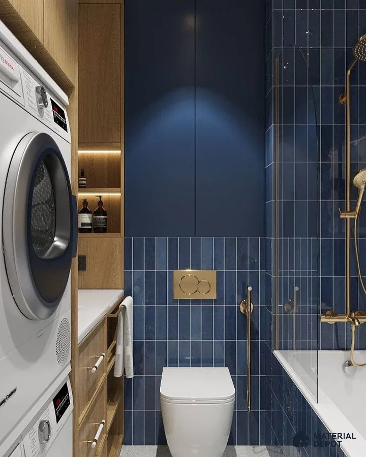 Sleek Utility: Navy Blue Bathroom with Integrated Laundry Space | Material Depot