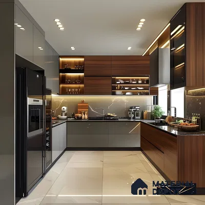 Sleek Walnut & Grey Gloss Modular Kitchen With Ambient Lighting | Material Depot