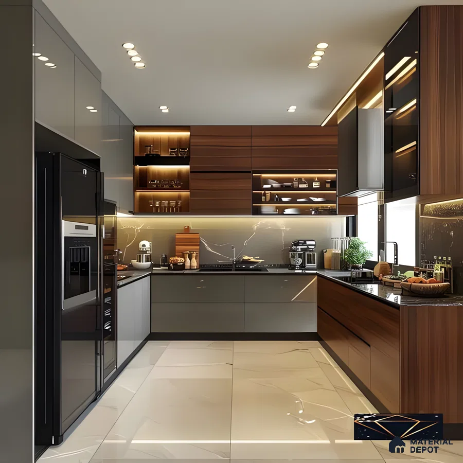 Sleek Walnut & Grey Gloss Modular Kitchen With Ambient Lighting | Material Depot