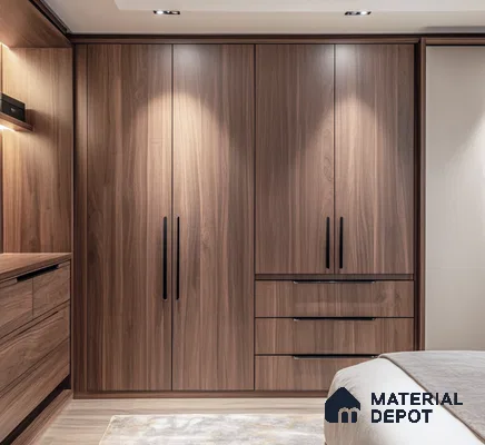 Warm Walnut Wooden Laminate Wardrobe for Contemporary Bedroom Decor | Material Depot