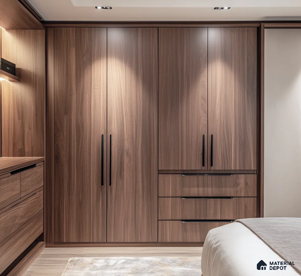 Warm Walnut Wooden Laminate Wardrobe for Contemporary Bedroom Decor | Material Depot