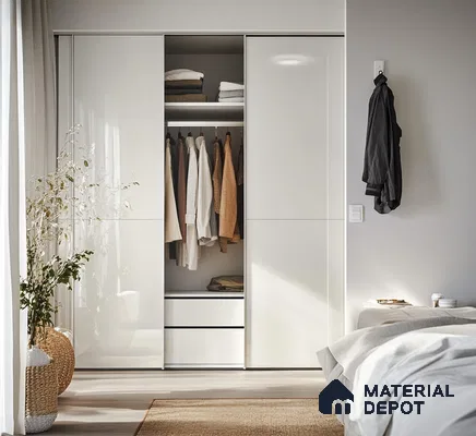 Sleek White Glossy Sliding Wardrobe for a Minimalist Modern Bedroom | Material Depot