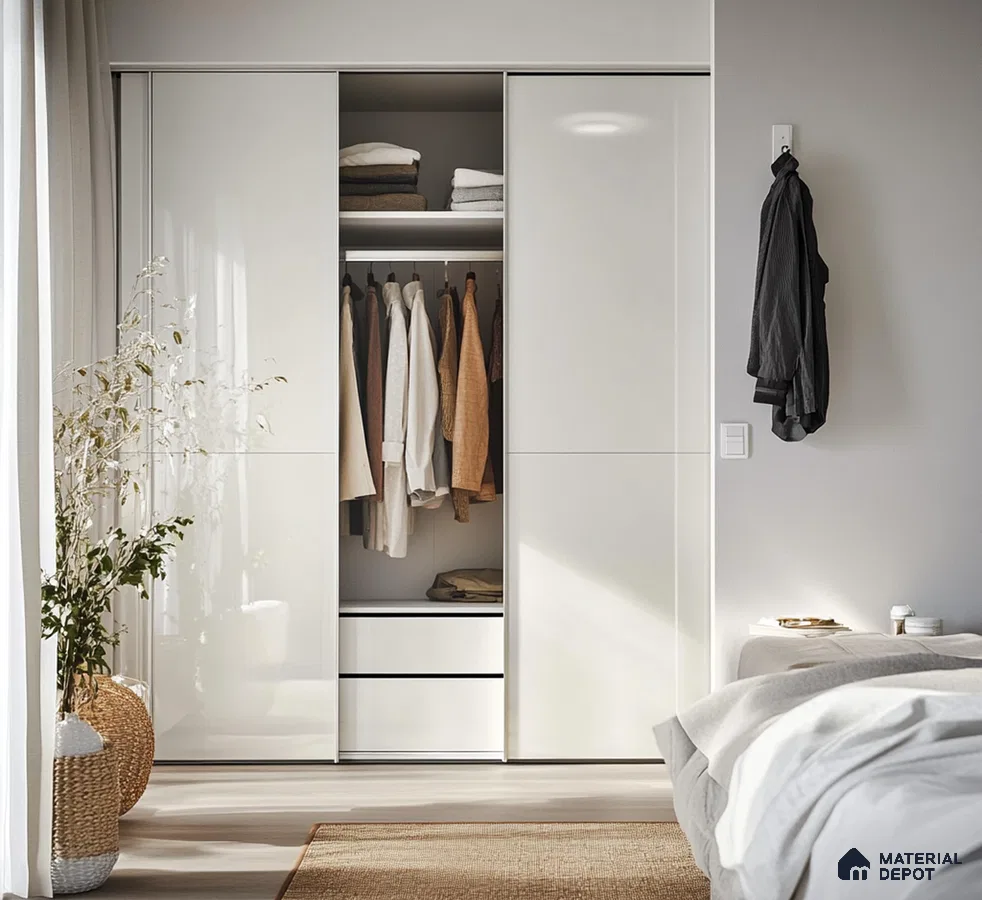 Sleek White Glossy Sliding Wardrobe for a Minimalist Modern Bedroom | Material Depot