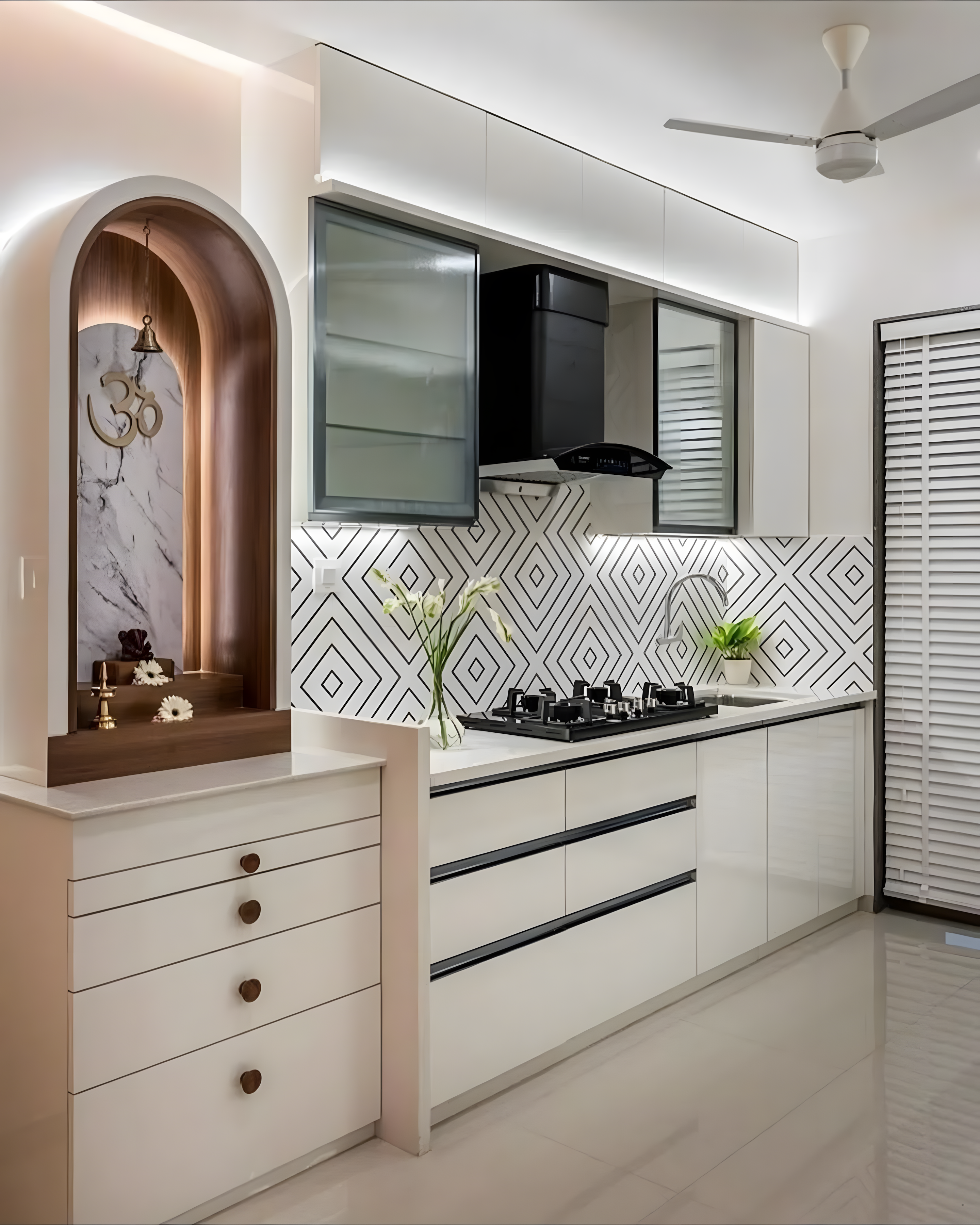 Sleek White Kitchen Featuring A Built-In Pooja Unit | Material Depot