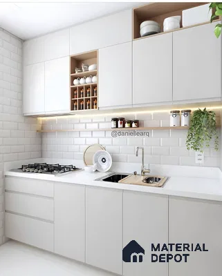 Sleek White Minimalist Kitchen With Built-In Spice Rack And Subway Tile Backsplash | Material Depot