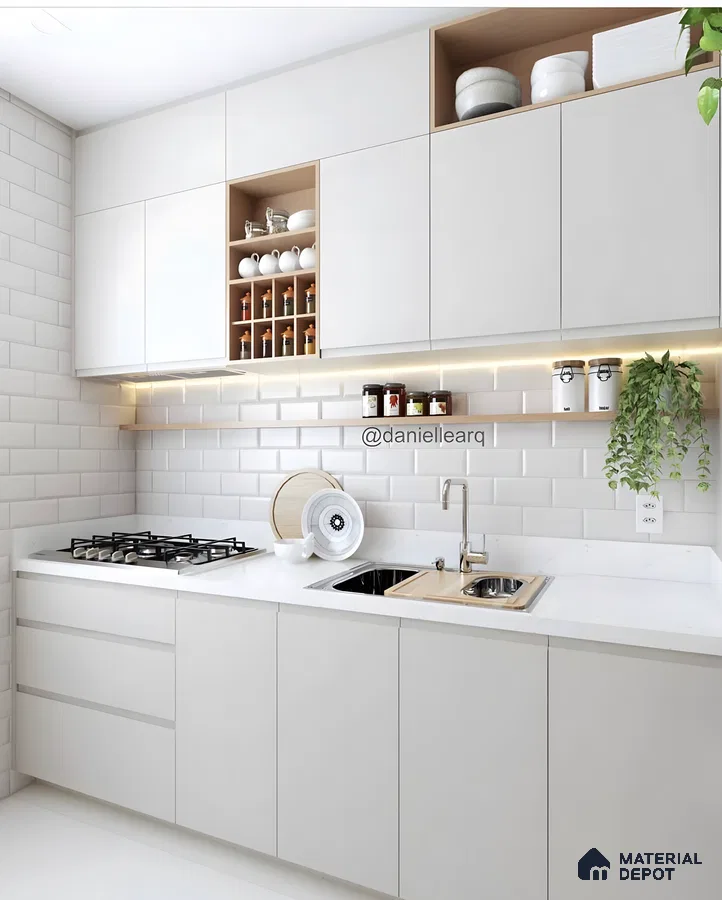 Sleek White Minimalist Kitchen With Built-In Spice Rack And Subway Tile Backsplash | Material Depot