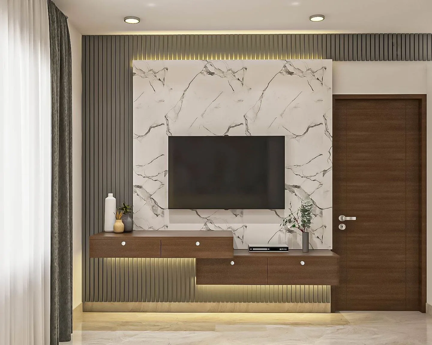 Modern TV unit with white marble laminate panel, walnut brown wooden ...