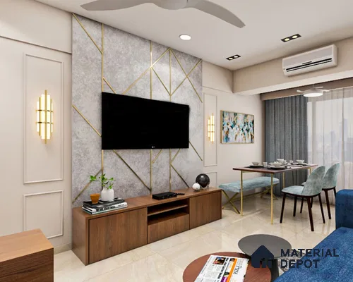 Chic TV Unit: Marble Backdrop, Blue Sofa, Stylish Decor