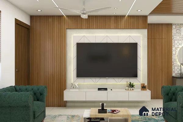 Modern wall-mounted TV unit with cove lighting.