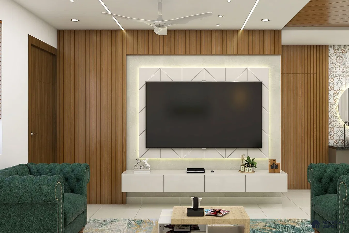 Modern wall-mounted TV unit with cove lighting.