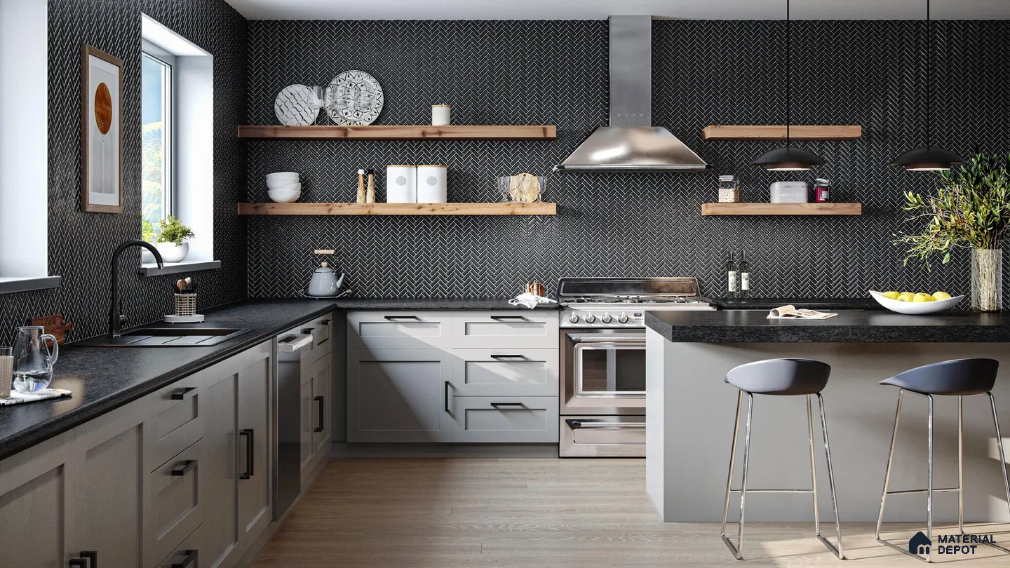 Kitchen with sleek wall and wooden floor