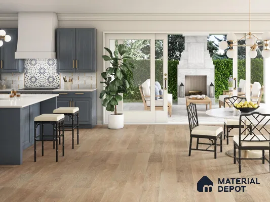 Kitchen and portico with patterned tiles