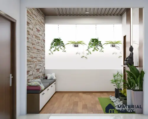 Modern spacious balcony with long seating and storage unit.