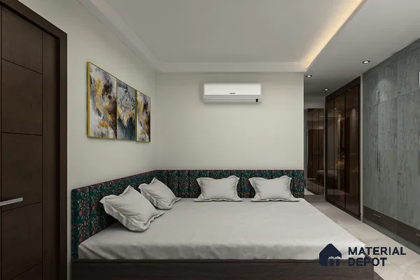 Master bedroom with dark wardrobe, white bed, L-shaped headboard, wall art, and air conditioner, radiating sleek and serene design.