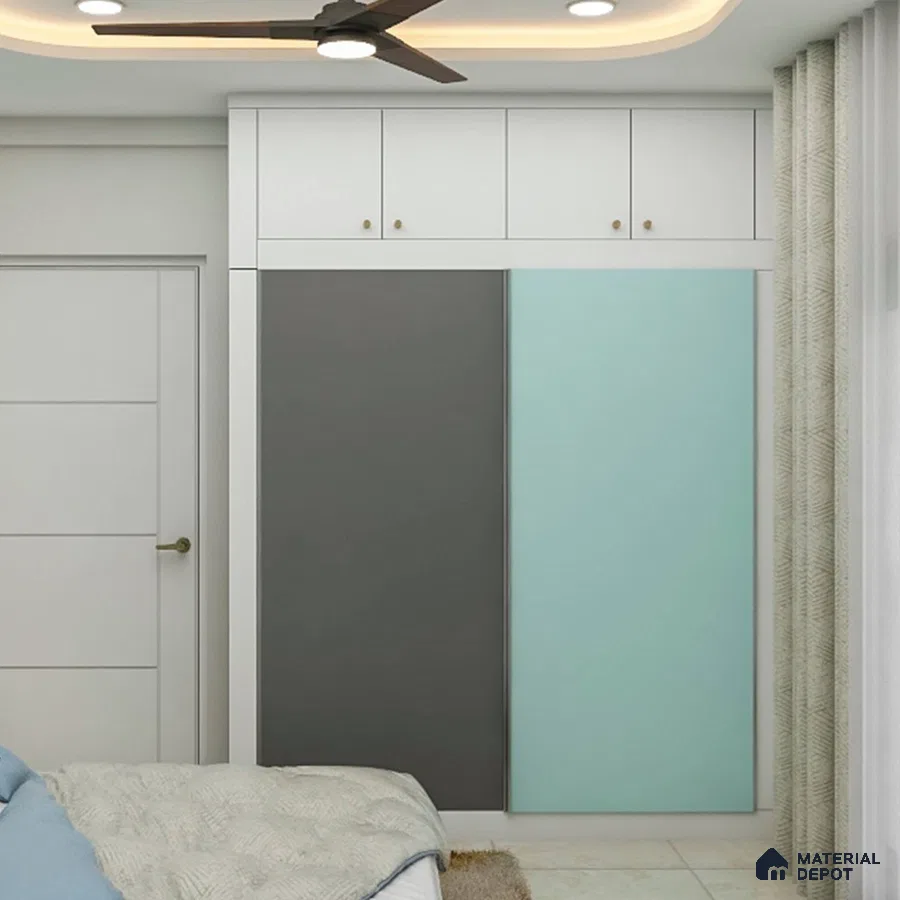 Chic light blue and grey 2-door sliding wardrobe with drawers, optimizing bedroom storage elegantly.