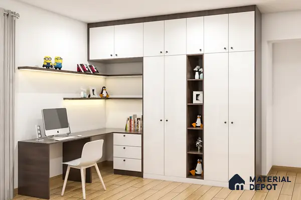 Sleek white home office with stylish wardrobe and functional workspace.