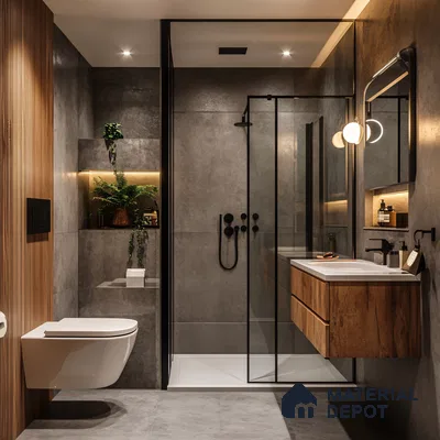 Small Modern Bathroom with Concrete Walls and Warm Wood Accents | Material Depot