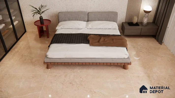 Soft Beige Marble Look Tiles in a Minimalist Cozy Bedroom | Material Depot