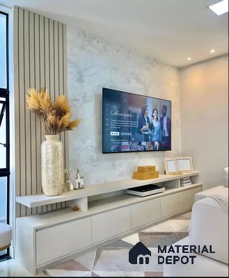 Soft Beige Tv Wall With Marble Finish, Fluted Panel Accent, And Layered Console Design | Material Depot
