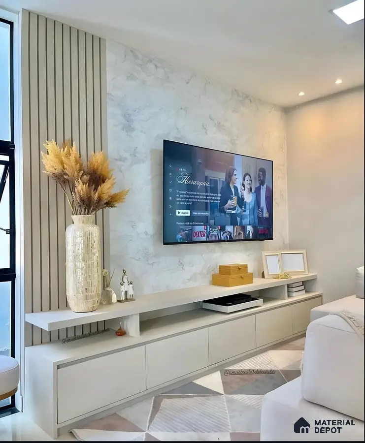 Soft Beige Tv Wall With Marble Finish, Fluted Panel Accent, And Layered Console Design | Material Depot