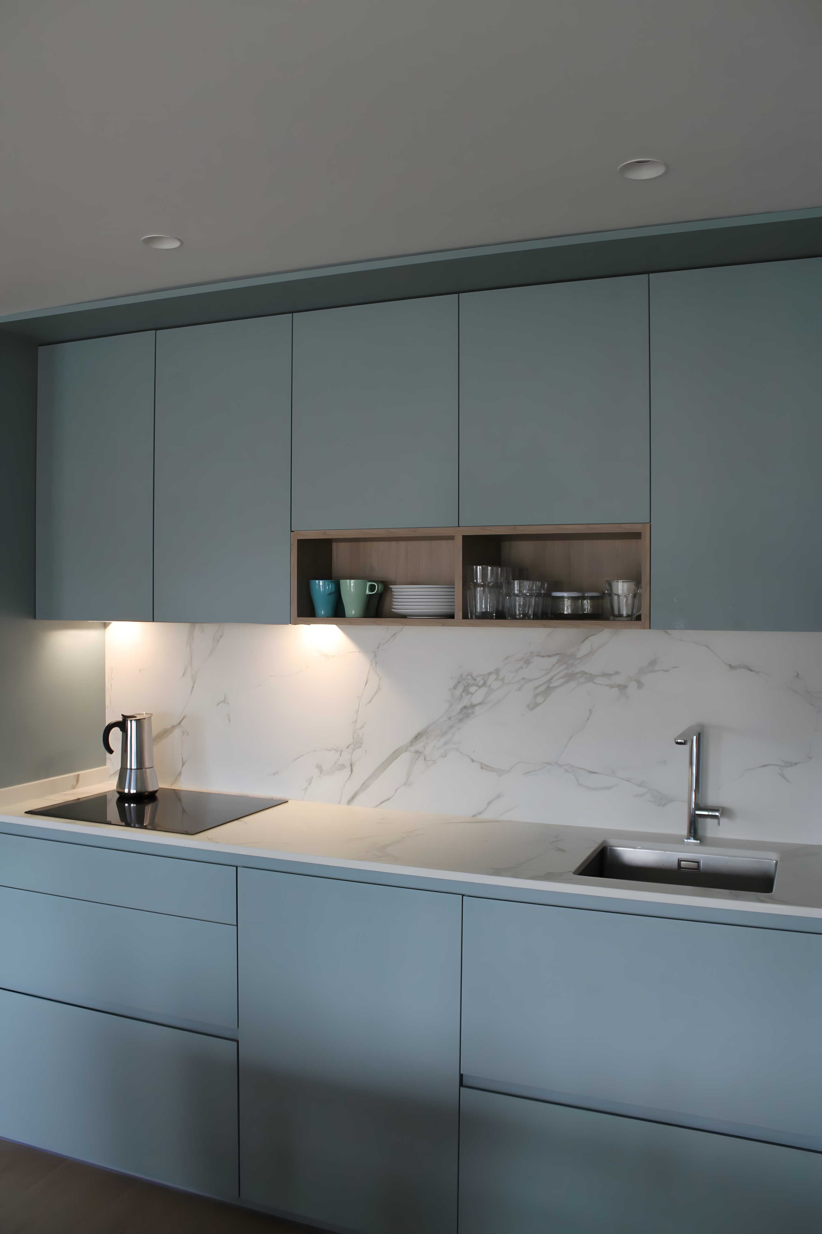 Soft Blue Minimalist Kitchen With Marble Backsplash | Material Depot