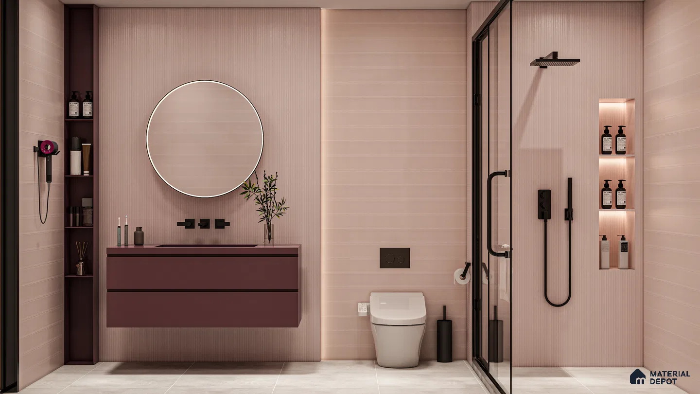 Soft Blush Fluted Tiles in a Modern Minimalist Bathroom | Material Depot