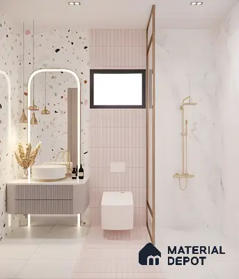 Soft Glam Bathroom With Pink Tiles, Terrazzo & Marble Accents | Material Depot