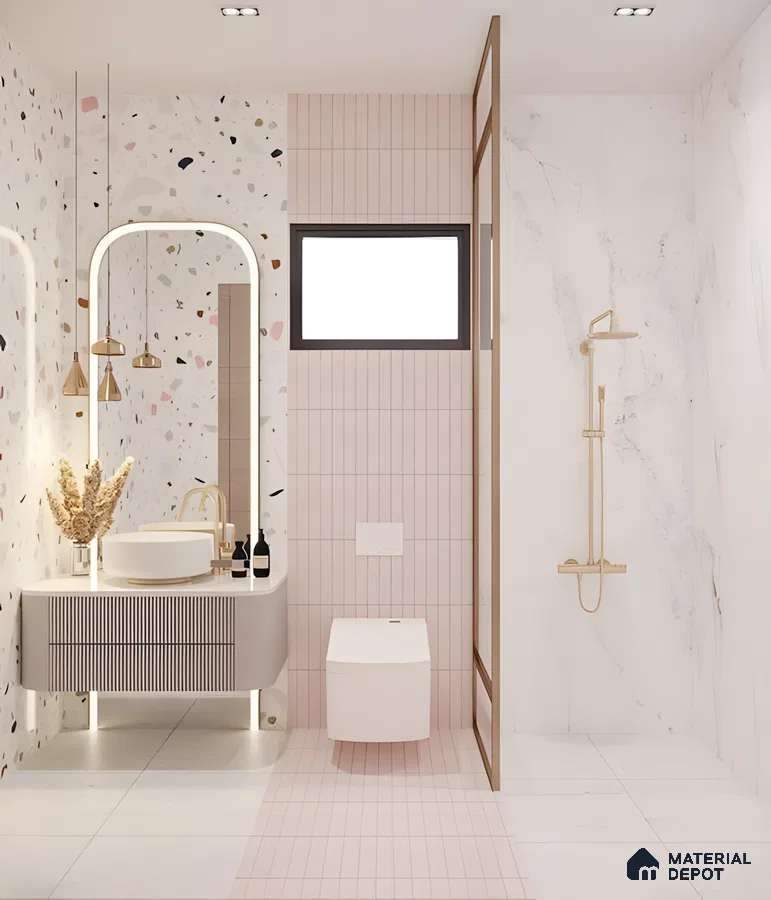 Soft Glam Bathroom With Pink Tiles, Terrazzo & Marble Accents | Material Depot