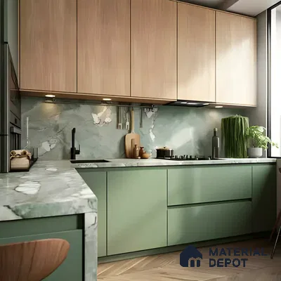 Soft Green and Marble Finish Kitchen Design | Material Depot
