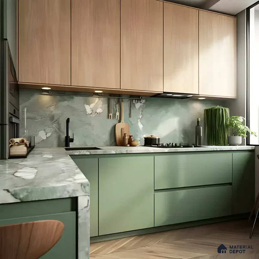 Soft Green and Marble Finish Kitchen Design | Material Depot