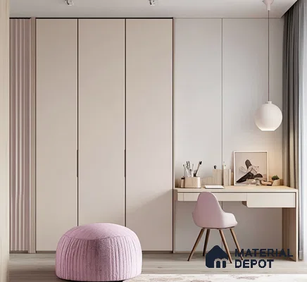 Soft Minimalist Wardrobe with Cozy Study Nook | Material Depot