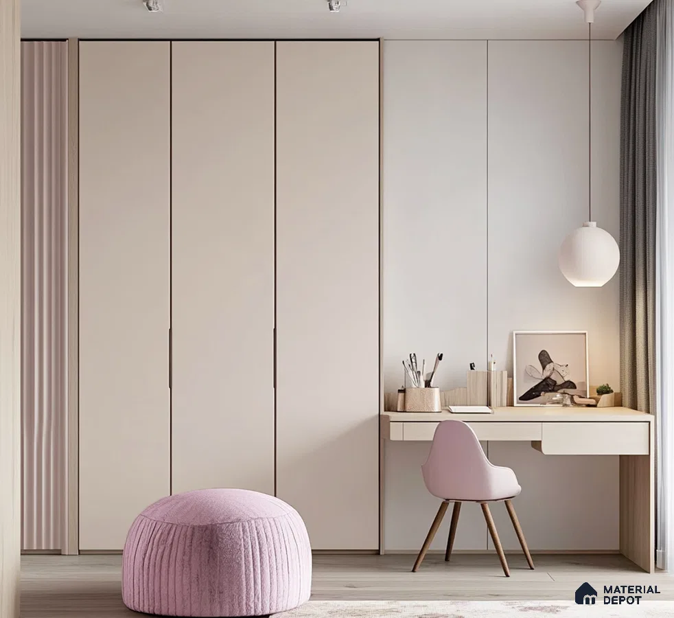 Soft Minimalist Wardrobe with Cozy Study Nook | Material Depot