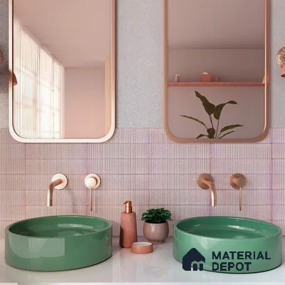 Soft Pastel Bathroom Highlighting Dual Green Sinks and Rose Gold Fixtures | Material Depot