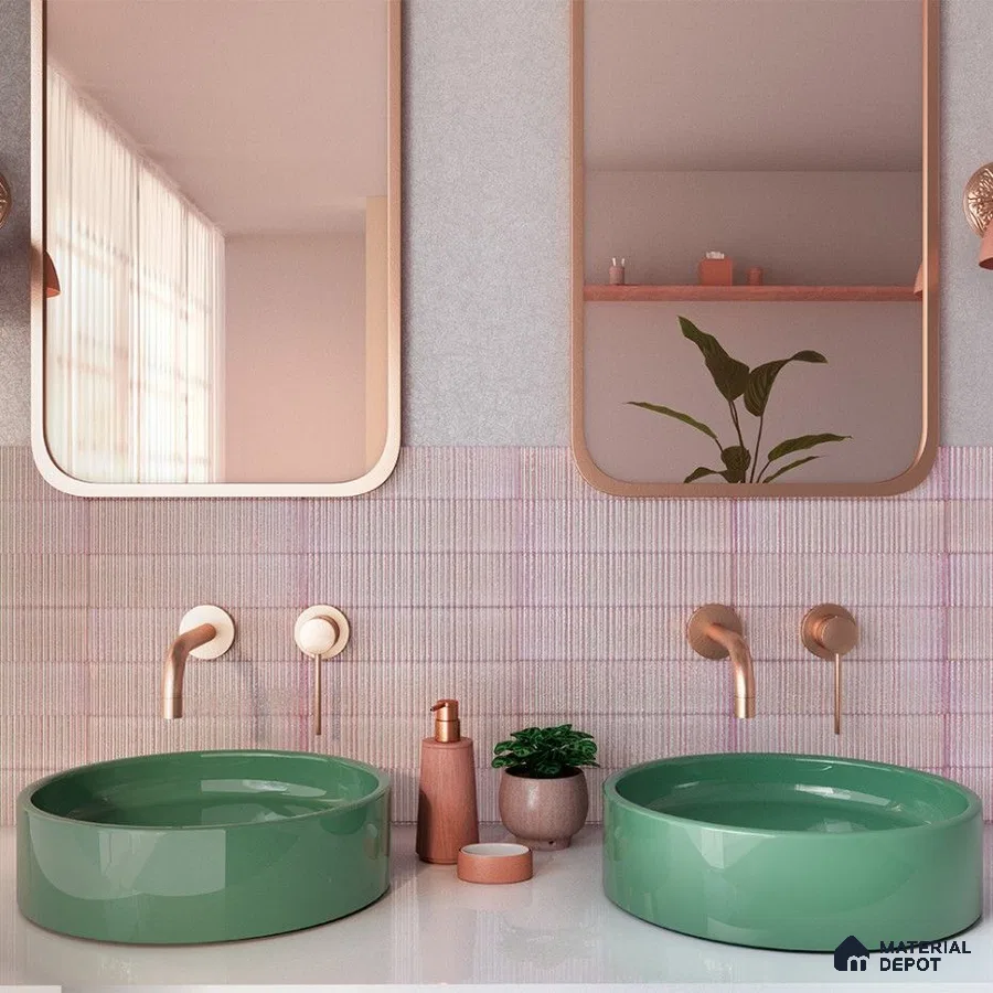 Soft Pastel Bathroom Highlighting Dual Green Sinks and Rose Gold Fixtures | Material Depot