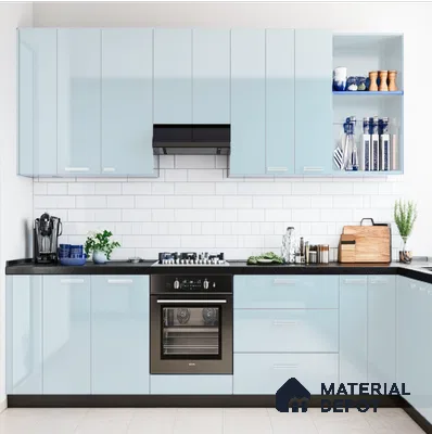 Soft Pastel Blue Glossy Solid Laminate Kitchen with Subway Tile Backsplash | Material Depot