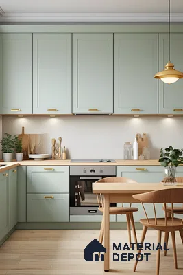 Soft Pastel Green Kitchen With Golden Handles And Light Wood Accents | Material Depot