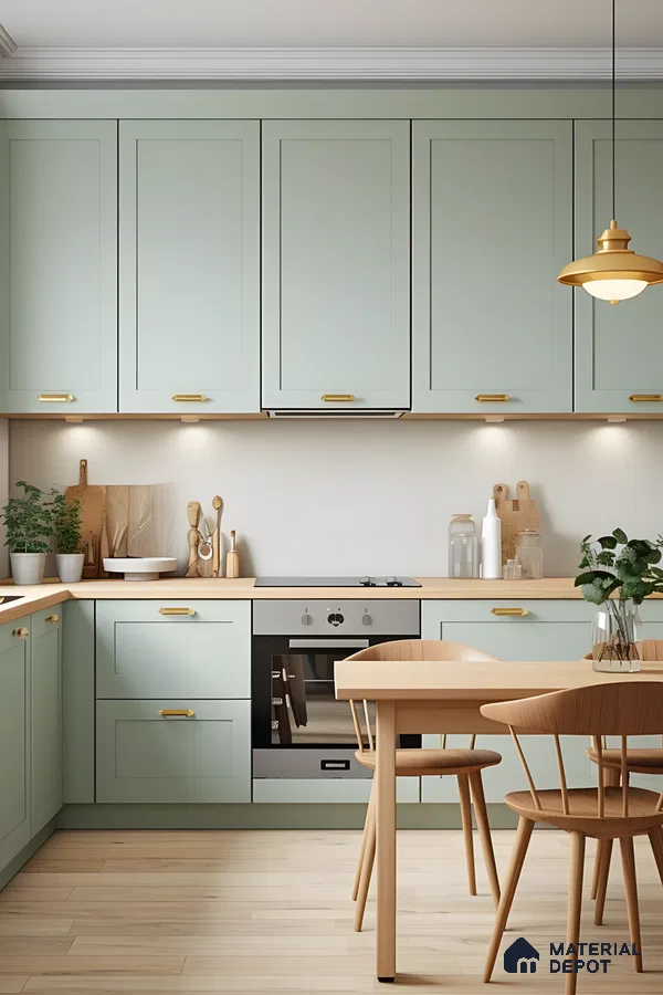 Soft Pastel Green Kitchen With Golden Handles And Light Wood Accents | Material Depot
