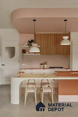Soft Pink and Curved Elegance: A Contemporary Kitchen Design | Material Depot